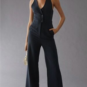 Anthropologie Maeve Black V Neck Button up Jumpsuit
